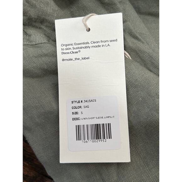 Mate The Label Linen Jumpsuit Short Sleeves Button Front Pockets Green Small NEW - Picture 8 of 8
